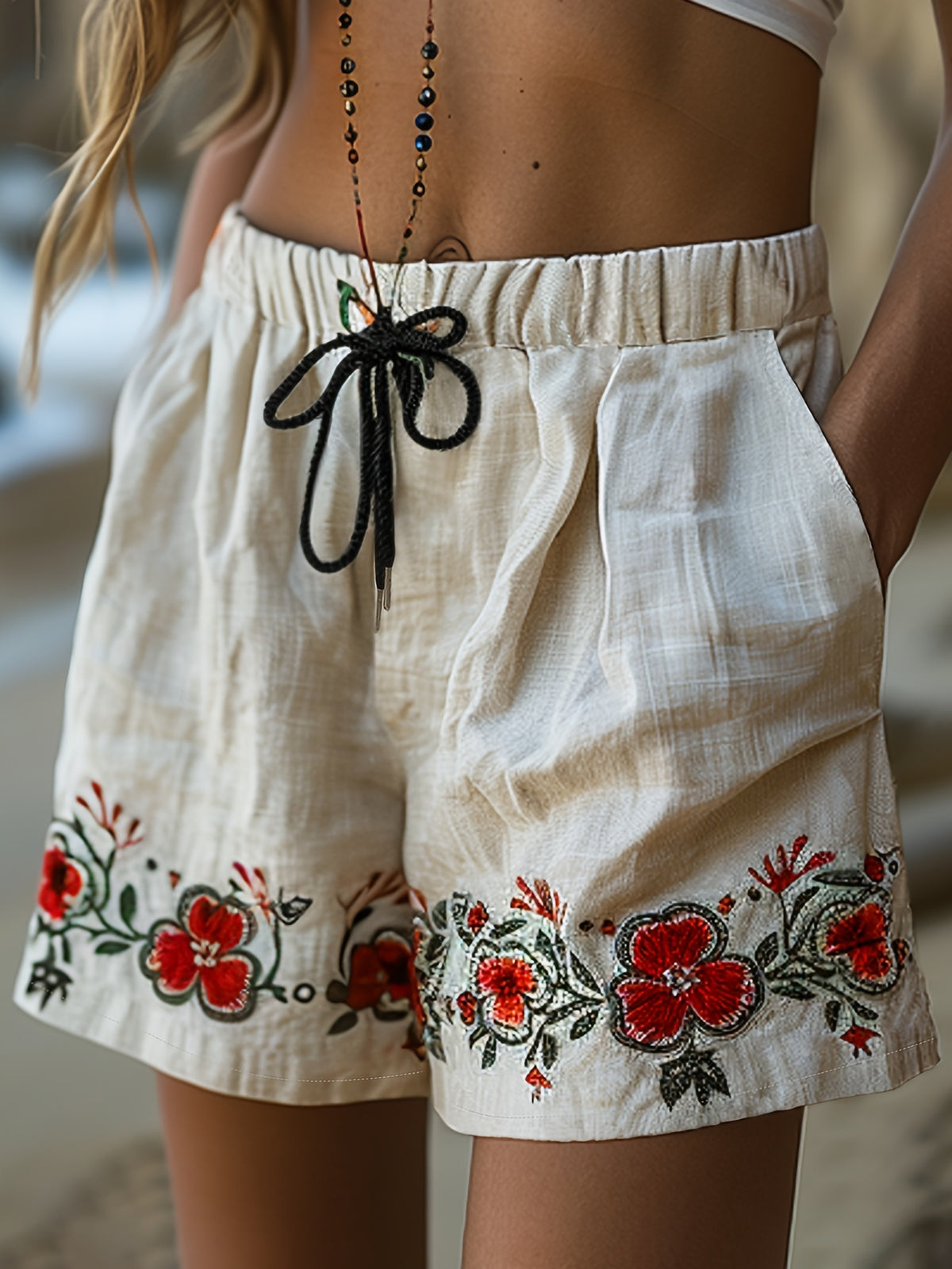 New Versatile Apricot Ethnic Style Print Shorts Fake Drawstring Loose Vacation Style Casual Shorts ZLLZ - Apricot