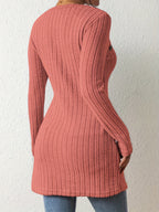 Women's Fashion Ribbed Square Neck Contrast Color Irregular Button Long Sleeve T-Shirt - Red