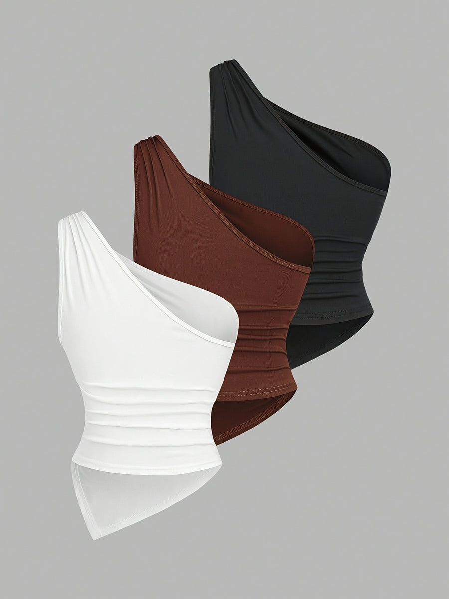 3pcs Set, Women's Solid Color Minimalist Asymmetrical Collar Metal Clasp Off-shoulder Top - Black+brown+white