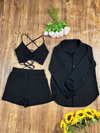 Women's Three-Piece Set: Camisole Top, Shorts & Shirt - Perfect for Daily Commute Vacation - Black