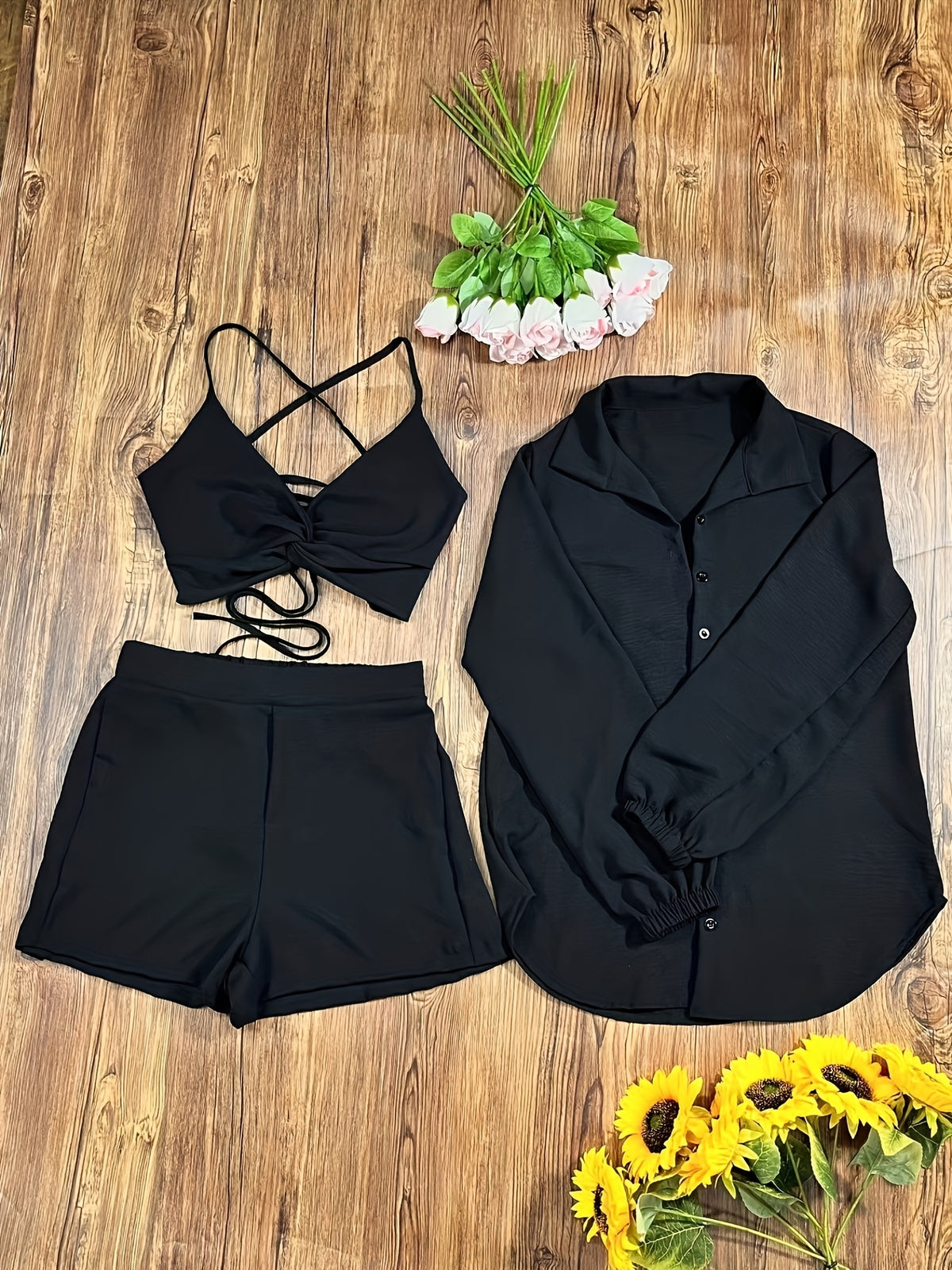 Women's Three-Piece Set: Camisole Top, Shorts & Shirt - Perfect for Daily Commute Vacation - Black