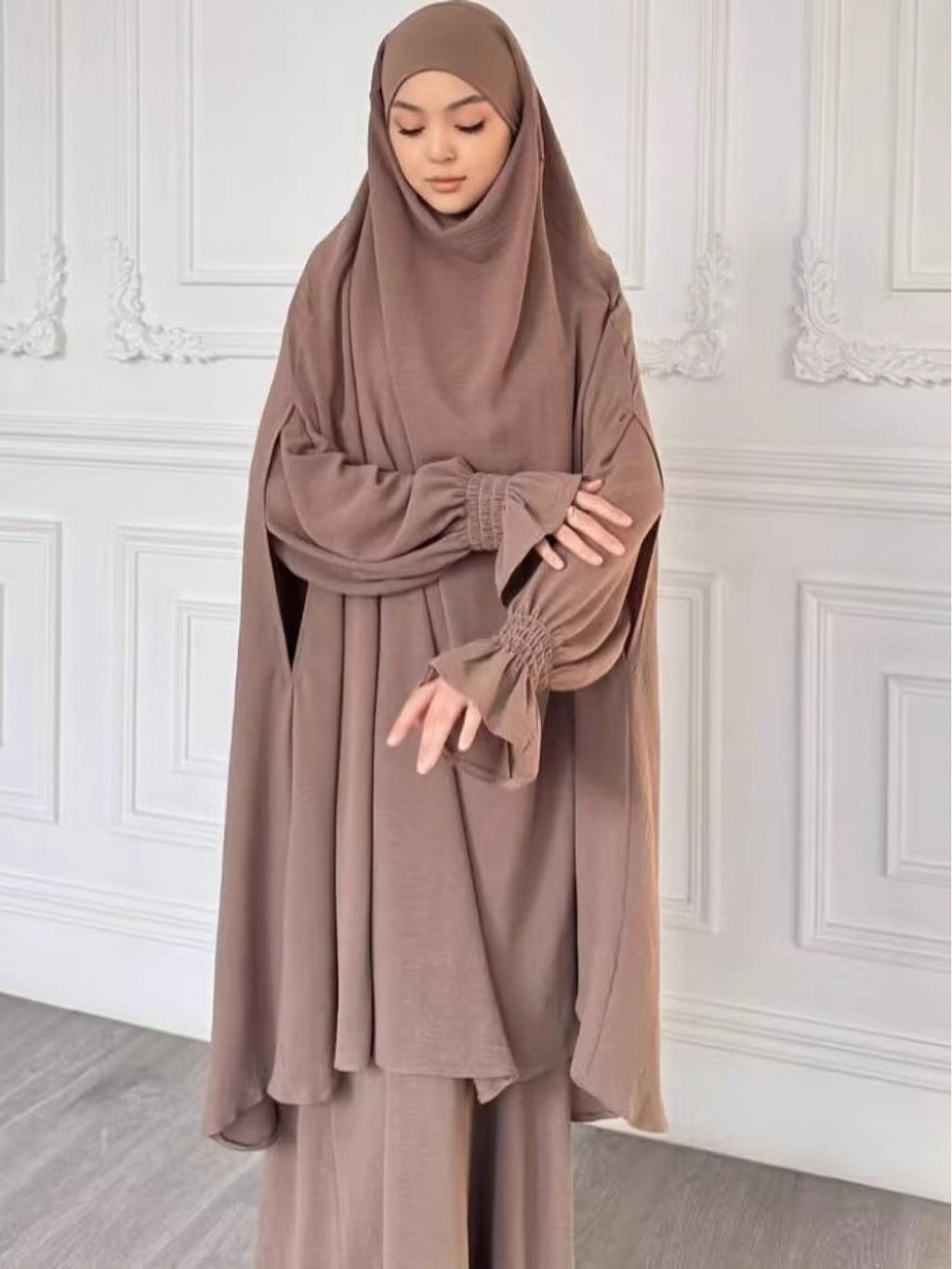 Abaya Middle Eastern Islamic Clothing Loose Comfortable Robe Headscarf with Long Sleeve Dress Two-Piece Set P403 - Camel