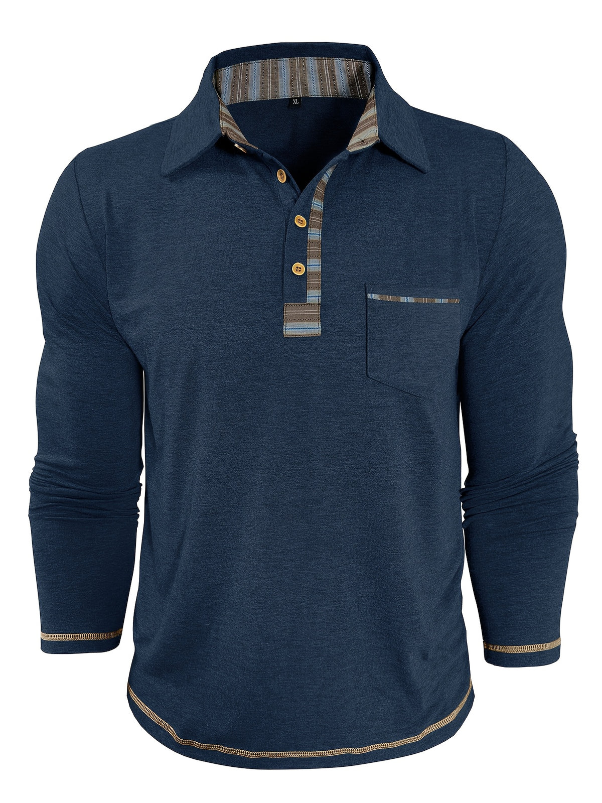Men'S Retro Trendy Fashion Lapel Long Sleeve Polo Shirt, Casual Stylish Pocket Top T-Shirt - Navy Color