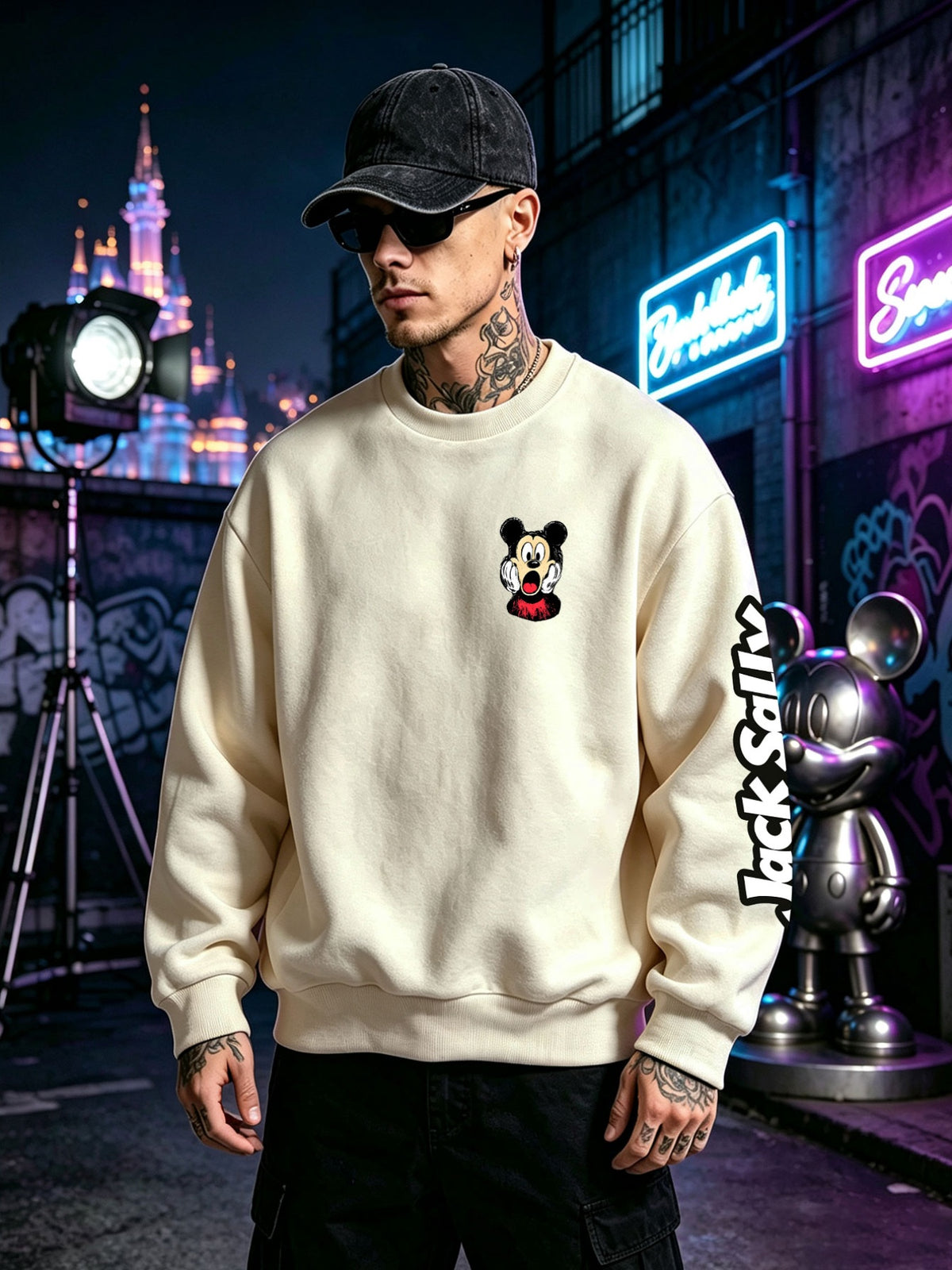 Halloween Sweatshirt, Men's Autumn/Winter Long-Sleeve Top, Casual and Versatile Sweatshirt, "Disney" Mickey Mouse Scared Face Print Men's Apparel, Perfect for Holiday Outfits, Daily Wear, and Party Attire - Apricot