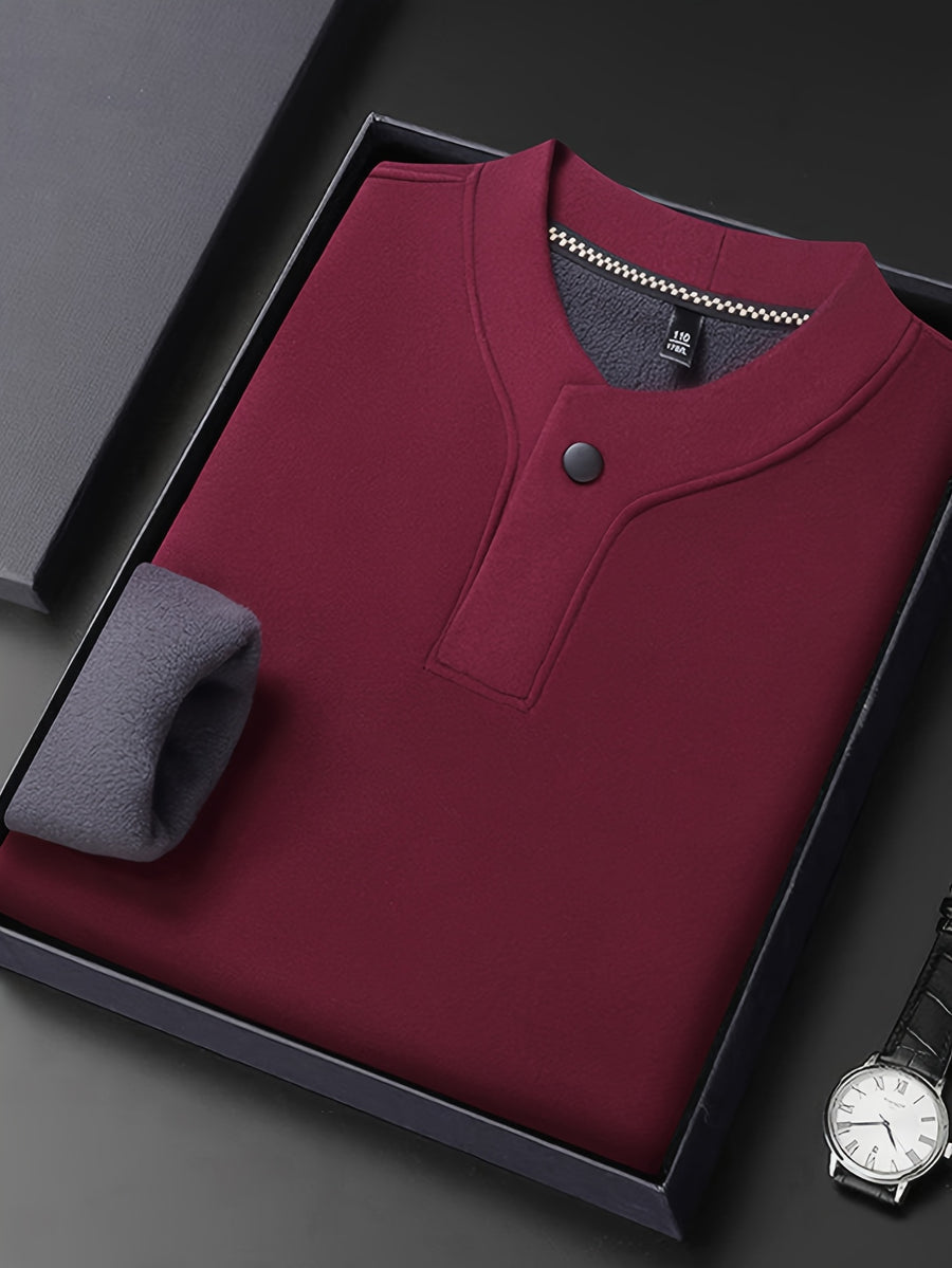 Men'S Single-Button Henley Collar Fleece Long Sleeve Top, Solid Color Minimalist Design Without LOGO, Light Luxury Easy Men'S Style - SINBOS - Burgundy