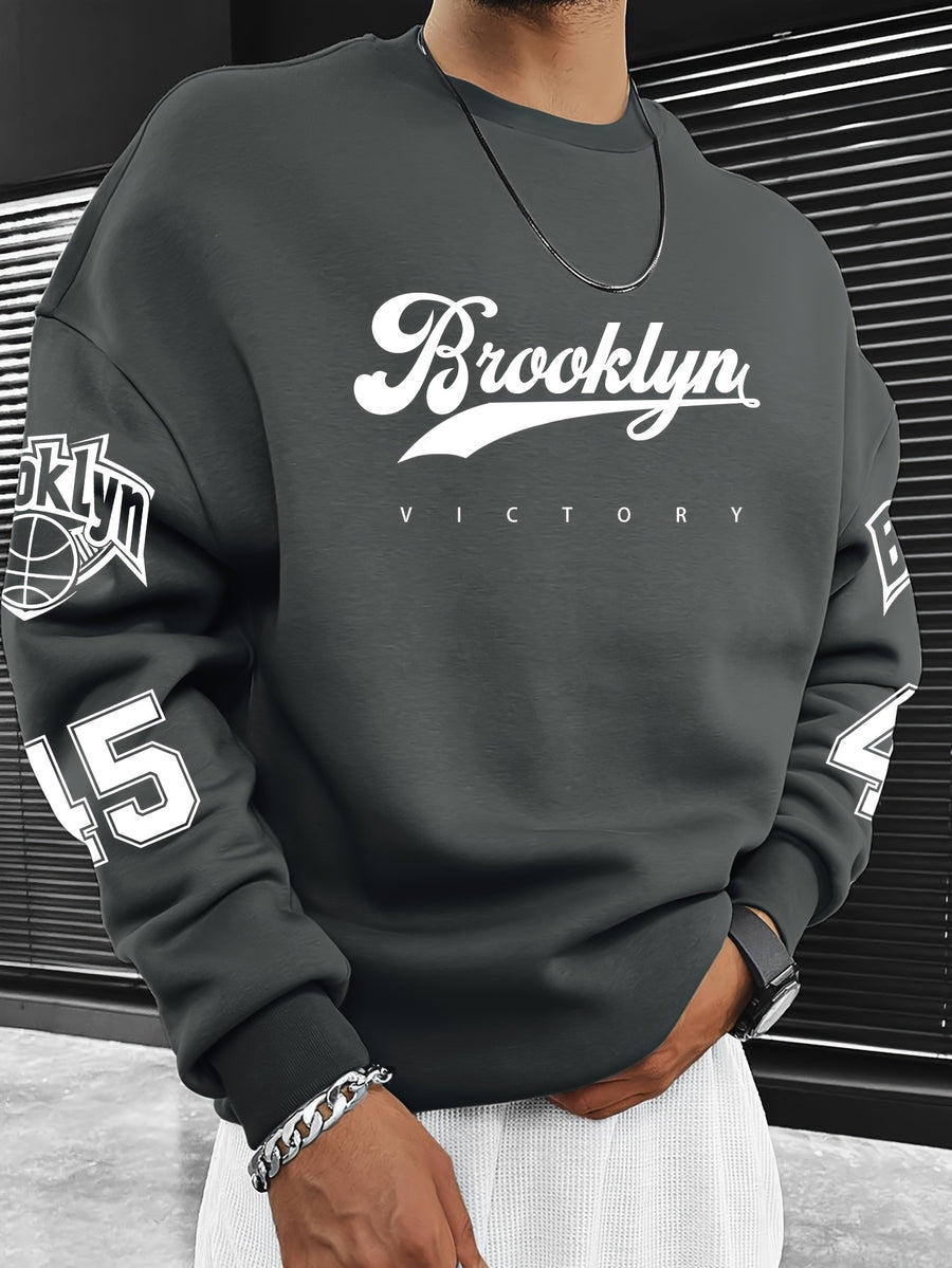 Men'S Fashion Casual "Brooklyn Victory" Letter Print Sweatshirt, Polyester Fabric, Loose Fit, Versatile Men'S Sweatshirt - Dark Gray