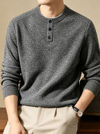 Men'S Henley Collar Knit Pullover Sweater, Half-Button Placket Design, Contrast Edge Trim Neckline Casual Easy Knit Top - Deep Gray
