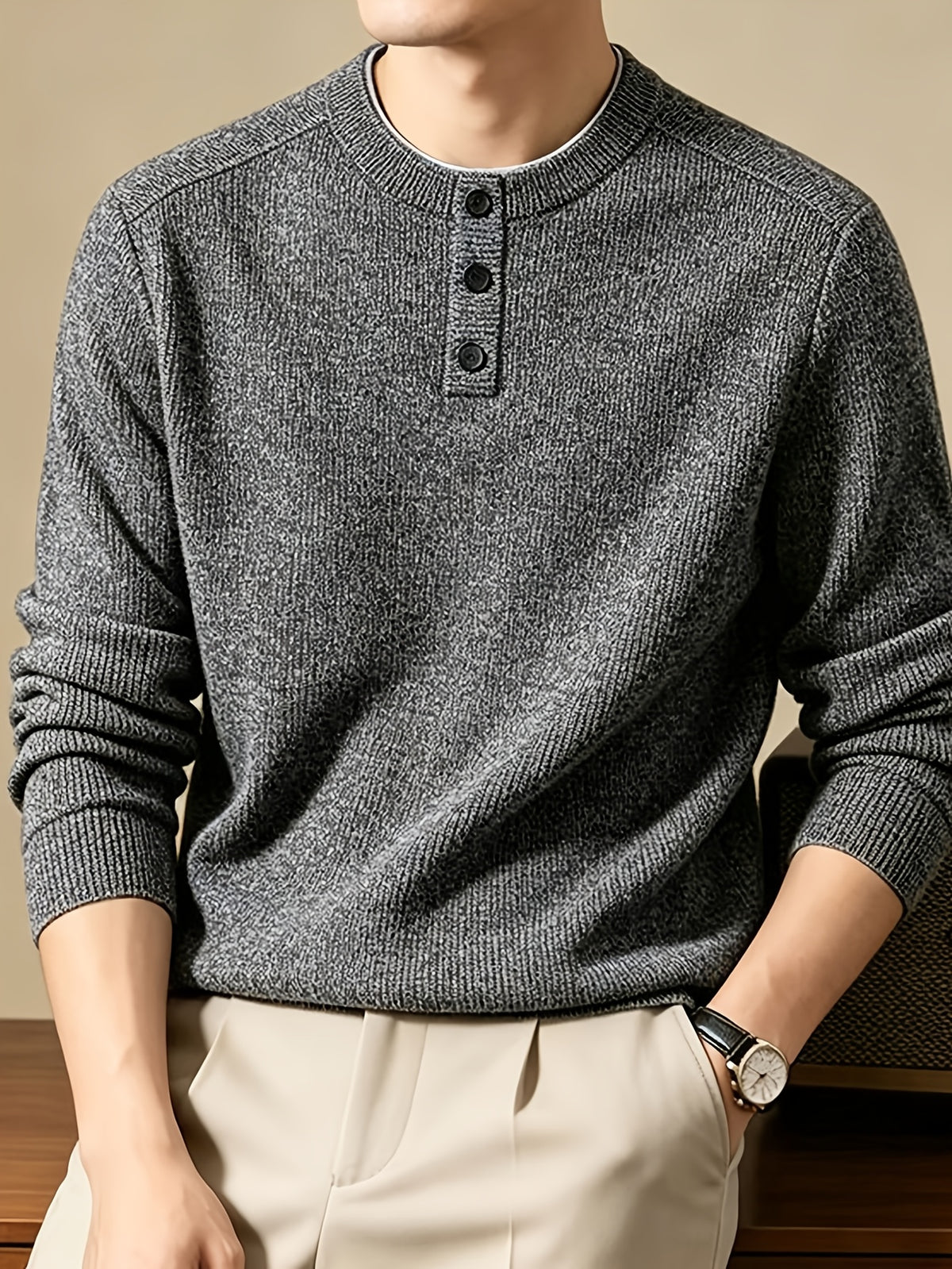 Men'S Henley Collar Knit Pullover Sweater, Half-Button Placket Design, Contrast Edge Trim Neckline Casual Easy Knit Top - Deep Gray