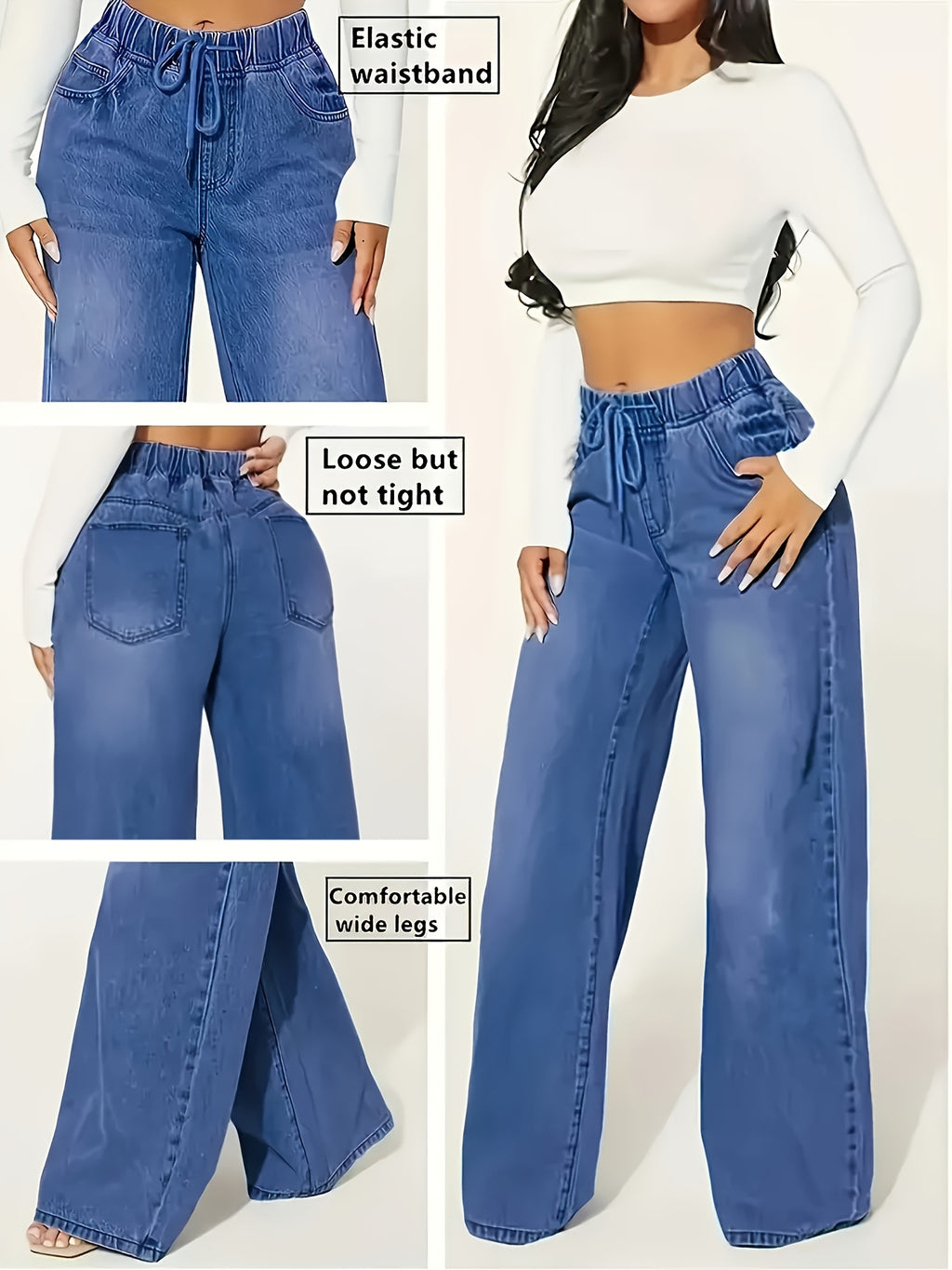 Elastic-Waist Denim Wide-Leg Pants - Dark Blue