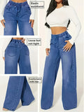 Elastic-Waist Denim Wide-Leg Pants - Dark Blue