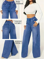 Elastic-Waist Denim Wide-Leg Pants - Dark Blue
