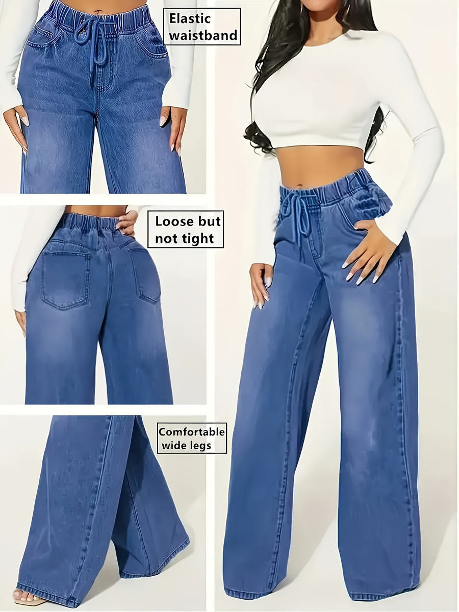 Elastic-Waist Denim Wide-Leg Pants - Dark Blue