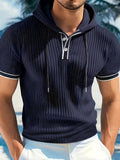 Men'S Fashion Men'S Clothing Top, Spring Summer Casual Outdoor Textured Ribbed Fabric Solid Color Hooded Single-Row Button Short Sleeve Men'S Henley Shirt - Navy blue color