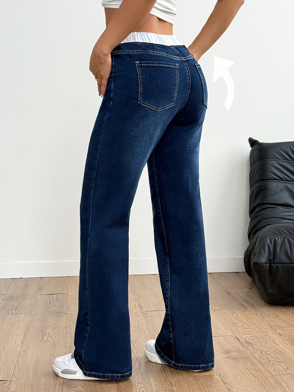 American Style New Light-Colored Women'S Elegant Casual Versatile High-Waisted Elastic Waist Drawstring Mid-High Elastic Trouser Legs Straight-Leg Jeans Women 12-18562 - Blue