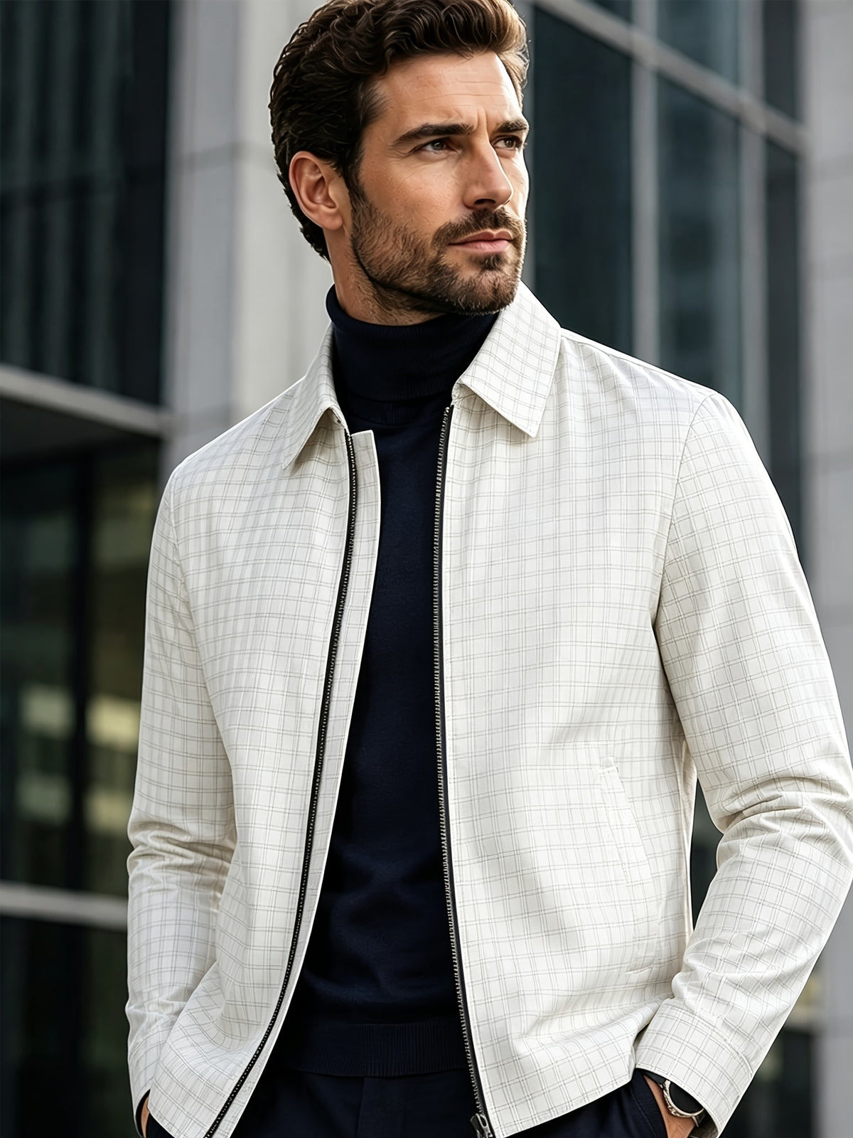 Men'S Lightweight Casual Lapel Full-Zip Jacket, Striped Checkered Soft Comfortable, Suitable for Daily, Outdoor, Travel And Business Casual Occasions - White