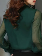Women's Elegant Office and Daily Shirt - Stand Collar Long Sleeve Non-Sheer Professional Top, All-Season Machine Washable Formal Casual Style Q305 - Dark Green
