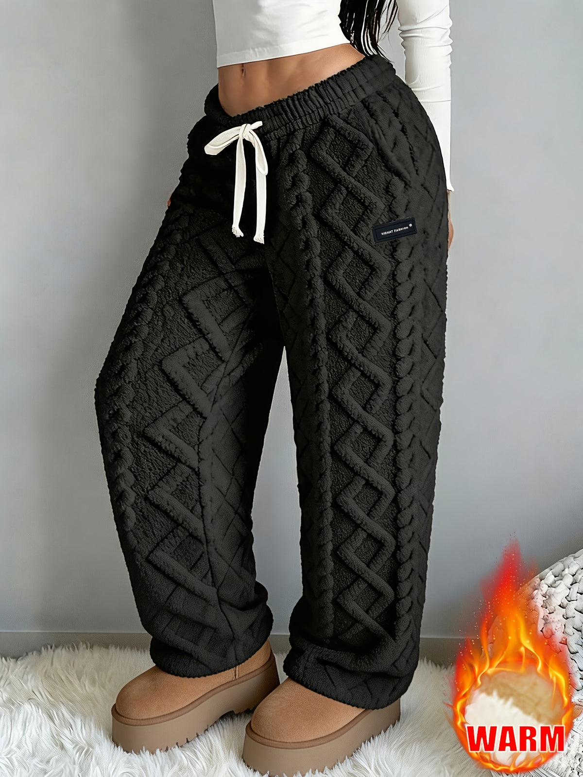 Autumn/Winter Women's -Lined Thickened Warm Casual Pants, Jacquard Fabric, Drawstring Waist, Suitable for Winter Home and Outdoor Leisure Wear - Black