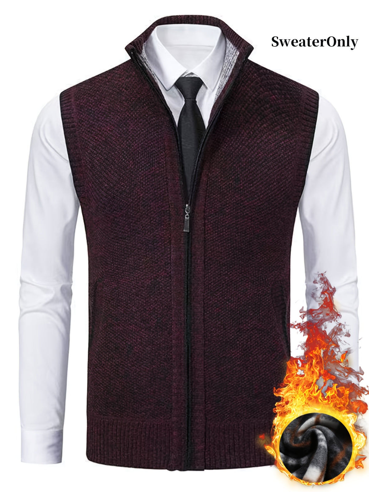 Men'S Knitted Zipper Cardigan Vest Sweater with Pockets - Deep Red