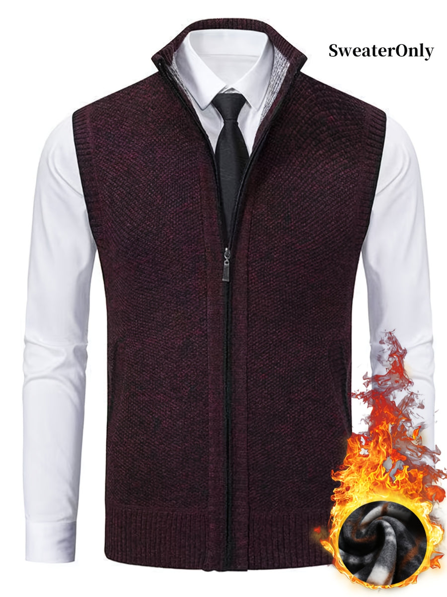 Men'S Knitted Zipper Cardigan Vest Sweater with Pockets - Deep Red
