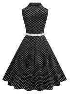 Vintage-style Polka Dot Waist-cinching Sleeveless Flared Bridesmaid Dress - Black