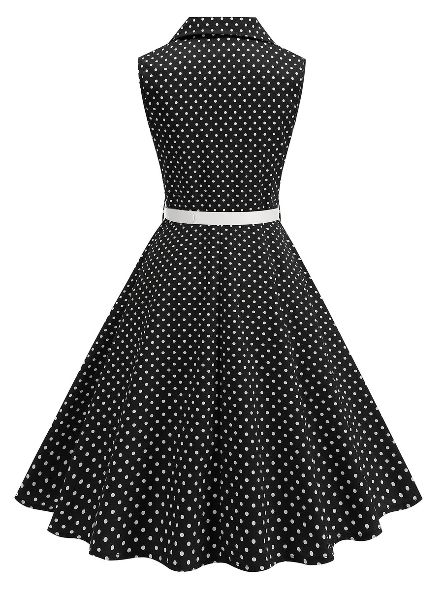 Vintage-style Polka Dot Waist-cinching Sleeveless Flared Bridesmaid Dress - Black