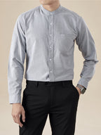 Spring and Autumn Outdoor Sports Men's Fashion Long-Sleeve Shirt for Office Workers, Young and Middle-Aged Urban Style, Versatile for Inner or Outer Wear, Vibrant Style, Casual Turn- Collar Shirt, Solid Color Pure Cotton Long-Sleeve Shirt for Men - Grey