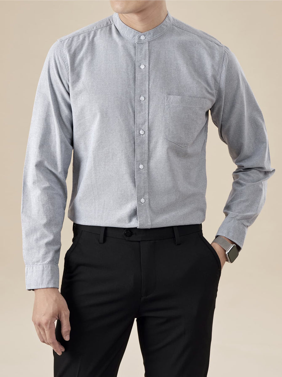 Spring and Autumn Outdoor Sports Men's Fashion Long-Sleeve Shirt for Office Workers, Young and Middle-Aged Urban Style, Versatile for Inner or Outer Wear, Vibrant Style, Casual Turn- Collar Shirt, Solid Color Pure Cotton Long-Sleeve Shirt for Men - Grey