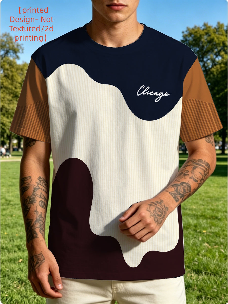 [Printed Design - Not Textured/2D Printing] Men'S Contrasting Color Chicago Letter Print Round Neck T-Shirt, Soft And Comfortable Outdoor Fitness Short Sleeve Trendy Holiday Gift - Mixed colors
