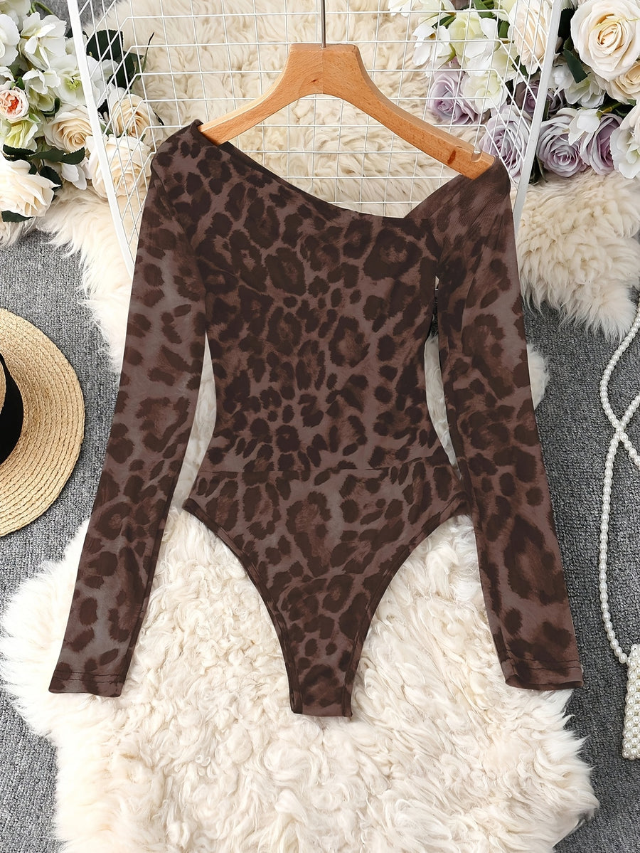 Women's Leopard Print One-Shoulder Bodysuit, Slim Fit, Tight, Sexy Hot Style, Versatile Inner Top for Nightclub and Date Atmosphere - Mixed Color 1