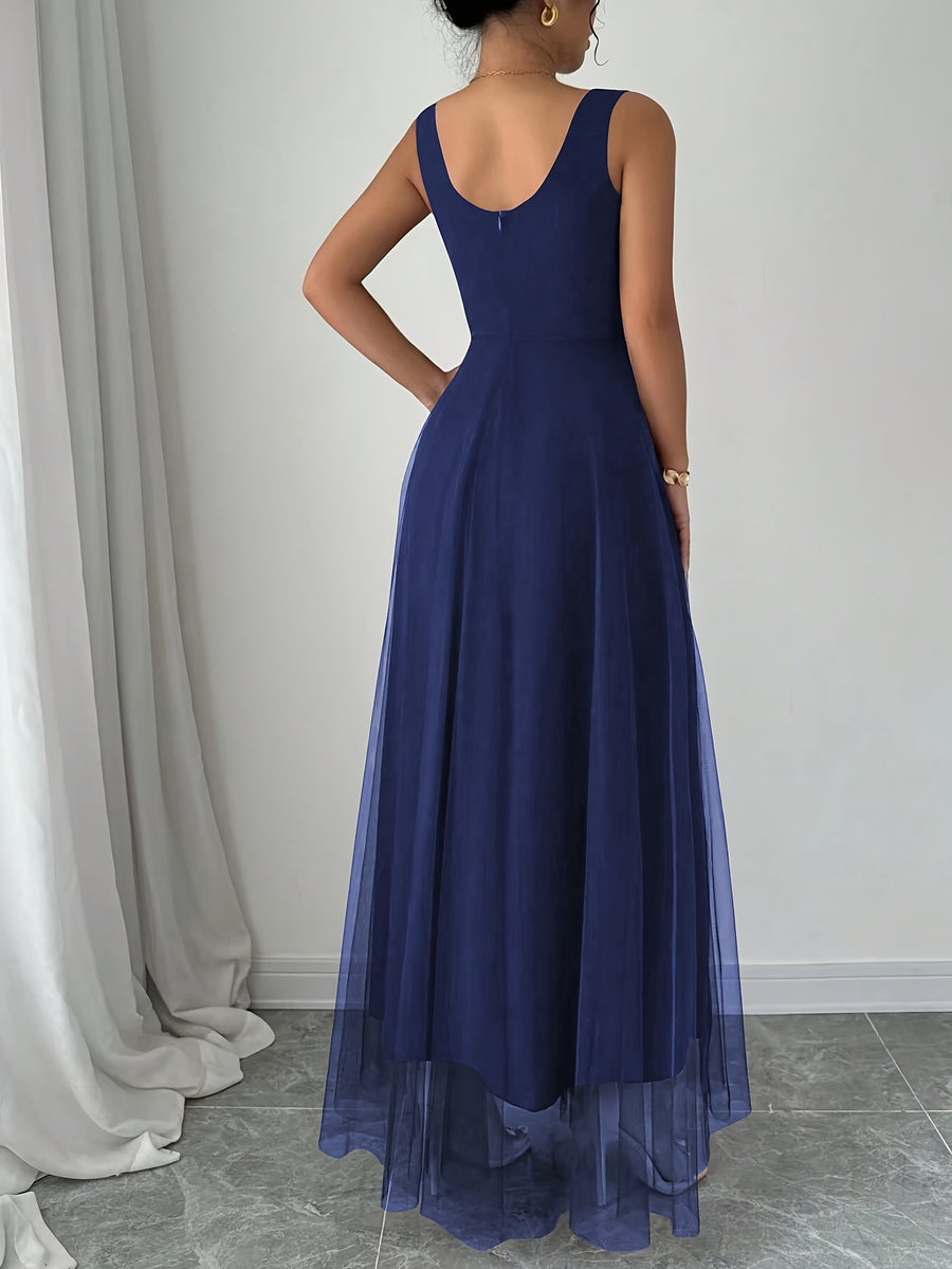 Elegant Women's Heart-Neckline Pearl Spandex Mesh Banquet Flared Long Dress, Elegant Party Dress for Spring/Summer, Suitable for Parties, Dinners, and Weddings, High-Quality Evening Gown, Modern, Elegant, and Chic Women's Long Party Dress - Blue