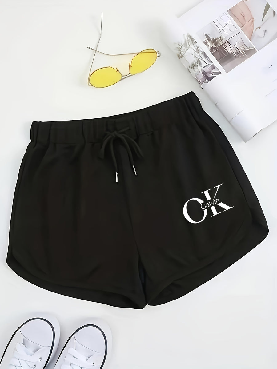 Women's Shorts with "OK" Letter Pattern, Fashionable Casual Shorts - Black