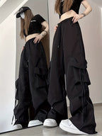 Women'S Casual Pants 2026 Summer New Straight-Leg Drape Wide-Leg Cargo Pants High-Waisted Trousers - Black