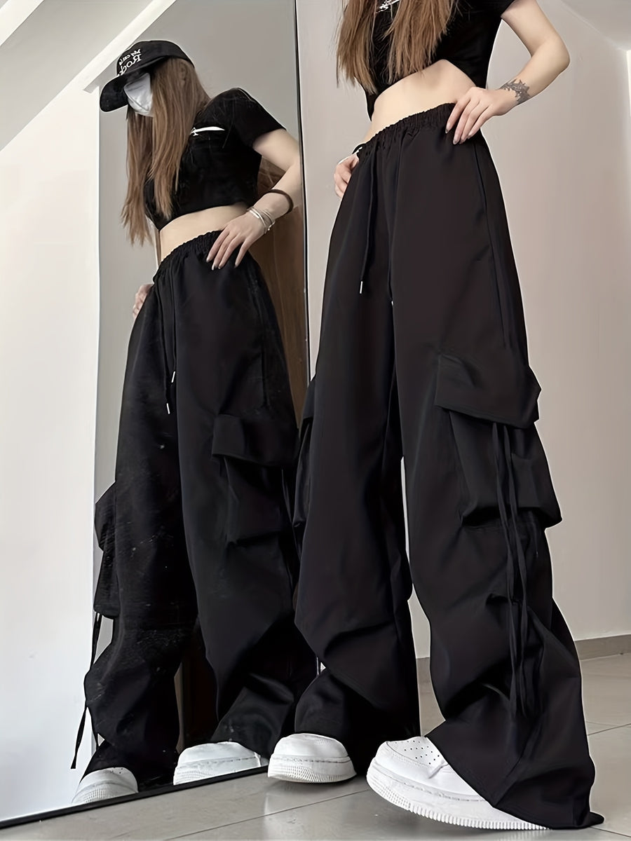 Women'S Casual Pants 2026 Summer New Straight-Leg Drape Wide-Leg Cargo Pants High-Waisted Trousers - Black