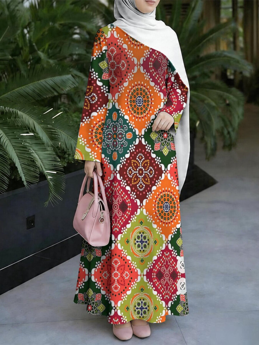 New Middle Eastern Style Muslim Elegant Robe, Ethnic Geometric Color-Block Print Women's Long-Sleeve Robe, Loose Flared Long Dress with Full Coverage, Modest and Appropriate Fit, Suitable for Prayer, Shopping, Visiting, and Gatherings, Skin-Friendly - Mixed colors