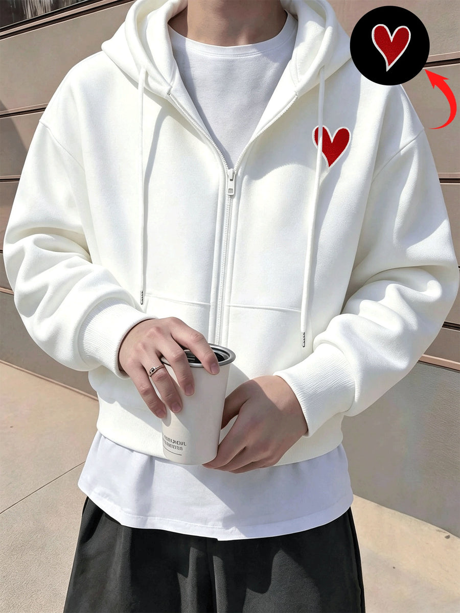 Men's Solid Color Drop Shoulder Zip-Up Sweatshirt, Double-Layer Hooded Sweatshirt Jacket, Long-Sleeve -Lined Jacket, Men's Zip-Up Cardigan for Spring/Autumn Casual Wear, Cropped Hooded Sweatshirt with Pockets and Drawstring, Suitable for Outings - White 1