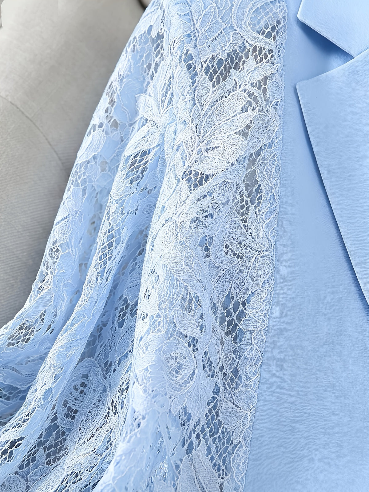 Women'S Thin Patchwork Lace Lightweight Suit Design Casual Temperament Three-Quarter Sleeve Casual Lapel Suit Top - Light Blue