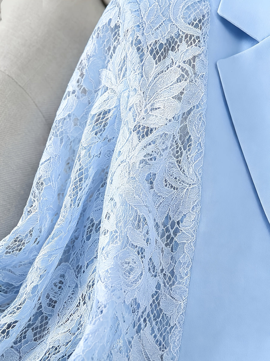 Women'S Thin Patchwork Lace Lightweight Suit Design Casual Temperament Three-Quarter Sleeve Casual Lapel Suit Top - Light Blue