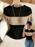 Women'S Casual Muscle Texture Patchwork T-Shirt - black plus apricot