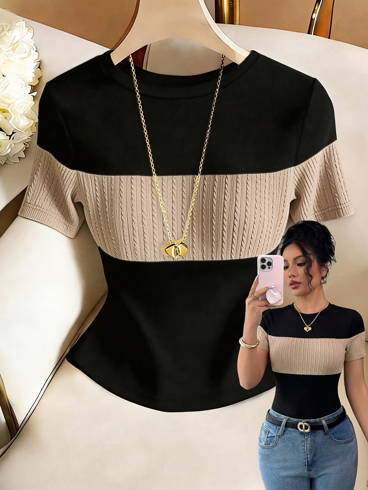 Women'S Casual Muscle Texture Patchwork T-Shirt - black plus apricot
