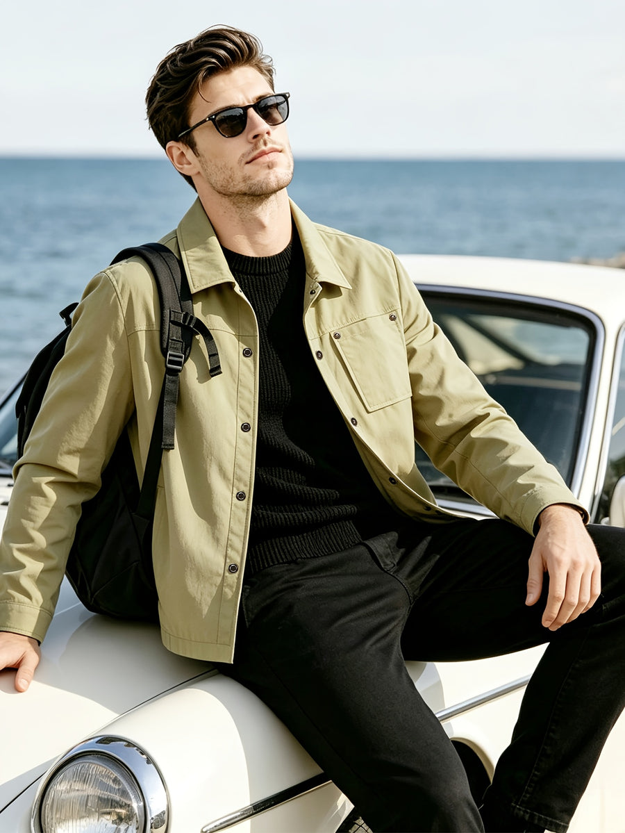 Back to School Season 1pc Men'S Lightweight Shirt Jacket, Button-Front with Chest Pocket And Double Side Pockets, Casual Techwear Style Spring Autumn Loose Fit Daily Commute Travel Outdoor Outerwear - Khaki
