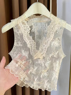 Spring/Autumn French-Style Layered Lace Camisole for Women, New Deep V-Neck Inner Wear with Mesh Strap Tank Top and Faux Collar, Niannian - Apricot