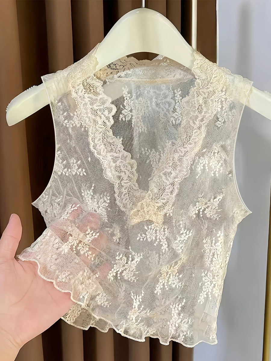 Spring/Autumn French-Style Layered Lace Camisole for Women, New Deep V-Neck Inner Wear with Mesh Strap Tank Top and Faux Collar, Niannian - Apricot