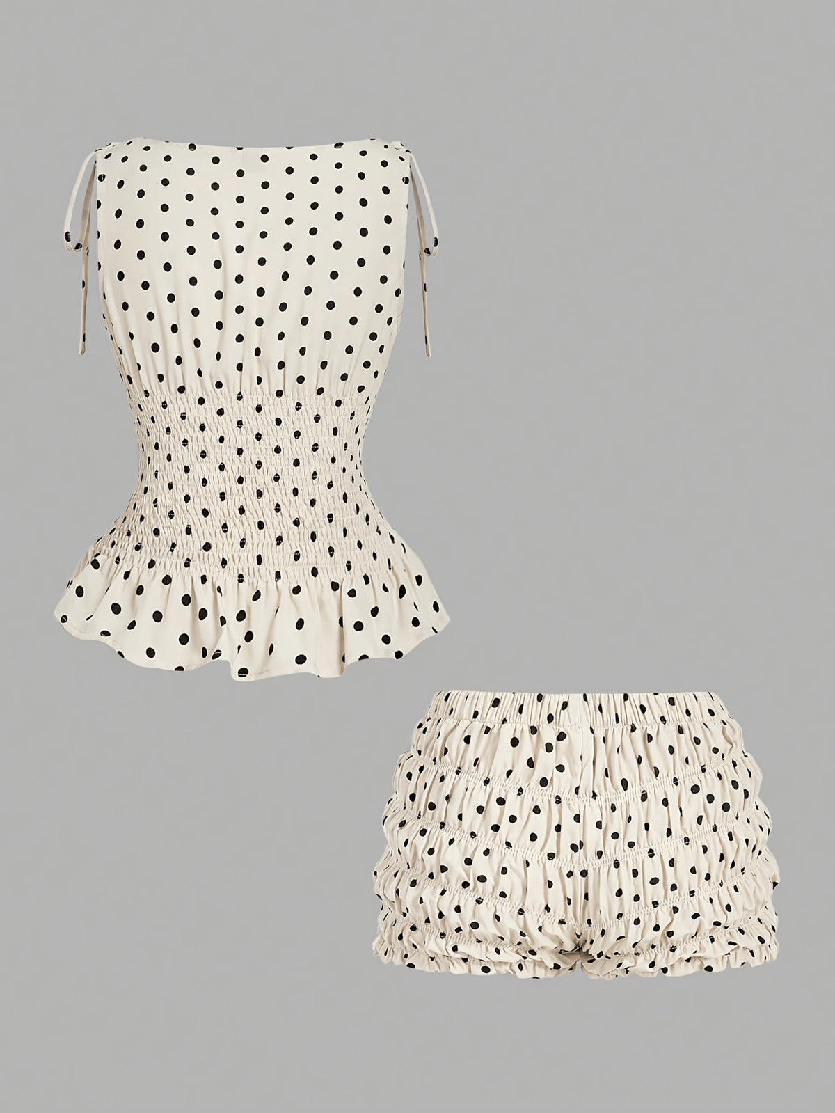 2pcs New Fashion Women's Color-Block Polka Dot Print Sleeveless Top and Shorts Set, Valentine's Day Outfit, Spring/Summer Attire, Date Wear, Beachwear, Summer Vacation Outfit, Casual Women's Clothing, Polka Dot Pattern, Outing Set, Afternoon Tea - Khaki