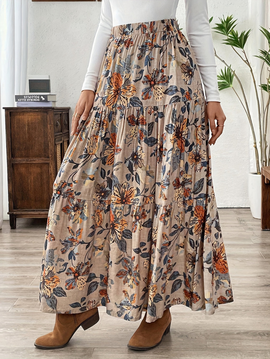 Vintage Pleated Floral Print Skirt for Women, New High-Waist Flared A-Line Cake Skirt Long Dress - Mixed colors