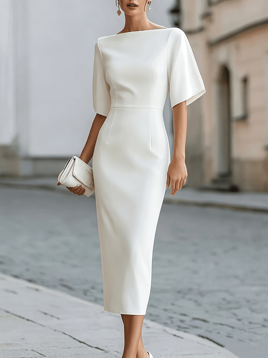 ST26037 Elegant Temperament Waist Mid-Length Dress for Women - White