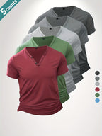 5-Pc Men'S Casual Lightweight Solid Color Moisture-Wicking Breathable Henley Shirts, Casual V-Neck Short Sleeve, Soft Comfort Breathable Quick-Dry Slight Stretch Outdoor Henley Tops, Sweat-Resistant - Black gray dark gray light gray green red