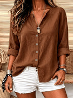 Women'S Solid Color V-Neck Long-Sleeved Shirt, Loose And Single-Breasted Casual Daily Vacation Top - Coffee Brown