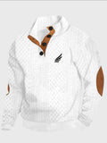 Men's New Jacquard Top with Textured Classic Stand Collar to Enhance Neckline, Half-Button Placket Continuing Vintage Henley Style, Patchwork Design Fashion Knit Shirt - White