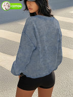 Cat Printed Casual Retro Women's Washed Round Neck Hoodie for Autumn and Winter - Blue