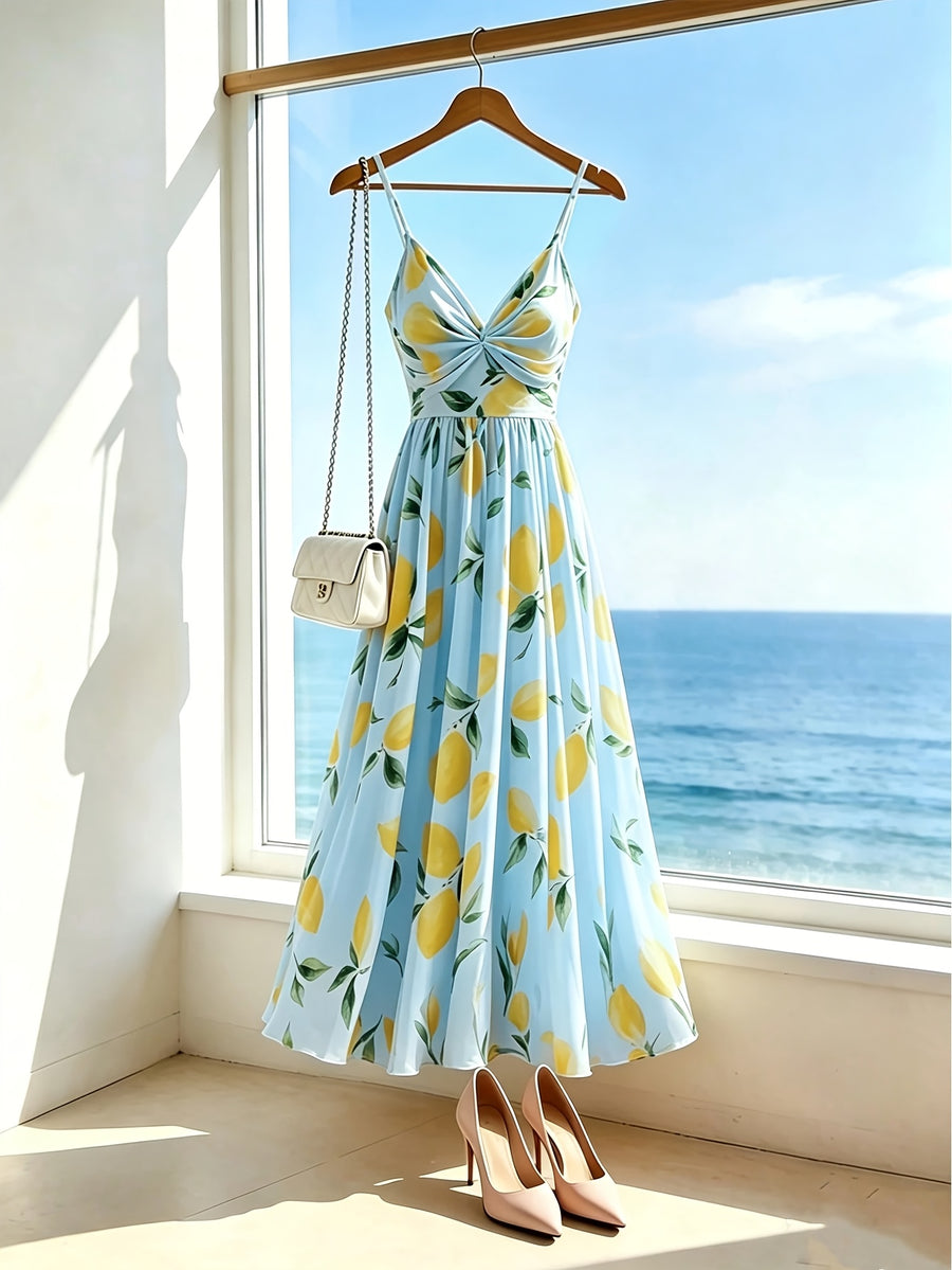 Vacation Style Italian Thin Strap Dress, Women'S Romantic Long Gown - Baby Blue